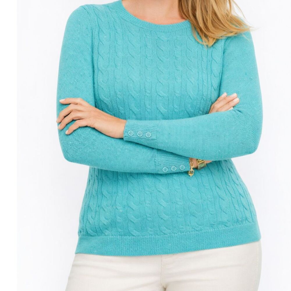 Talbots 3XP Turquoise Cable Knit Sweater Button Cuff Aqua Blue Plus Petite
